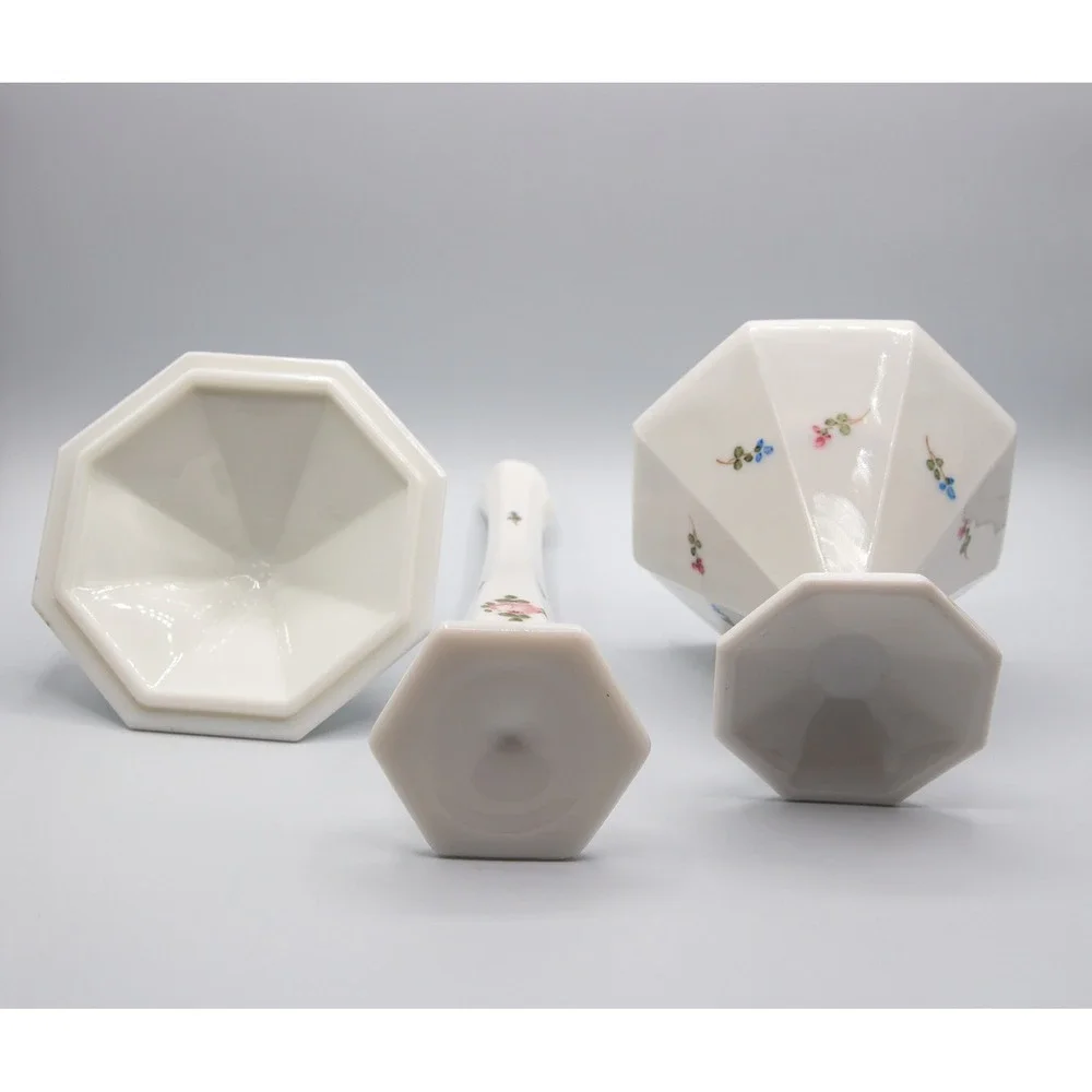 Vintage Milk Glass Floral Bud Vase‎ and Lidded Candy Dish Set Hand Painted Roses